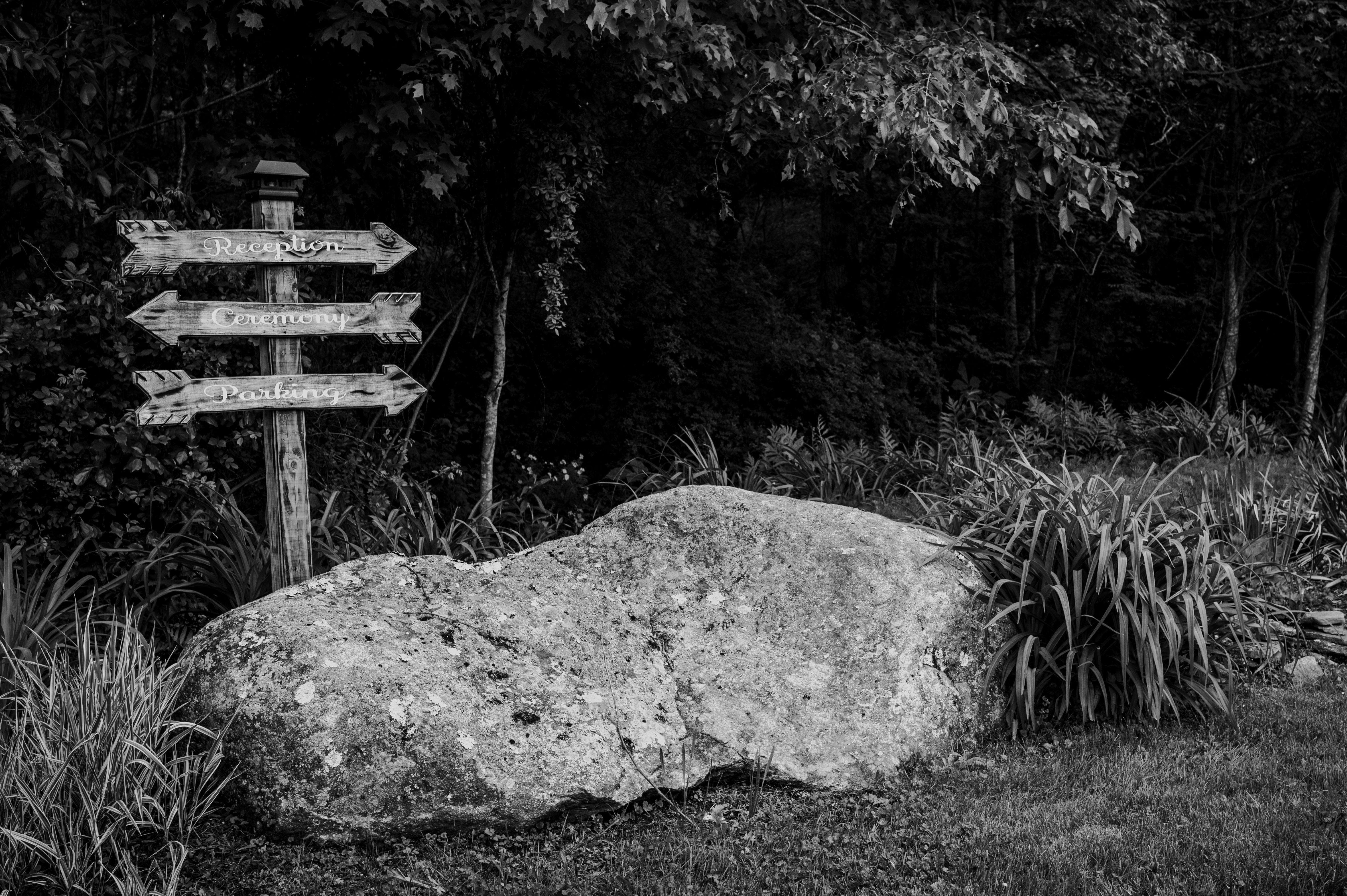 A weathered directional signpost with three arrow signs stands beside a large moss-covered boulder in a wooded garden se
