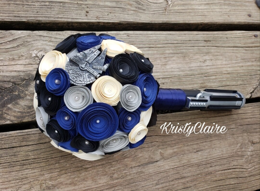 Blue hue Star Wars paper flower bridal bouquet