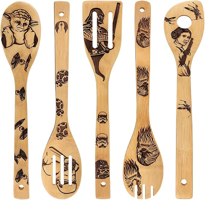 Star Wars burned bamboo wooden spoon utensil set with Yoda, Vader, and Leia