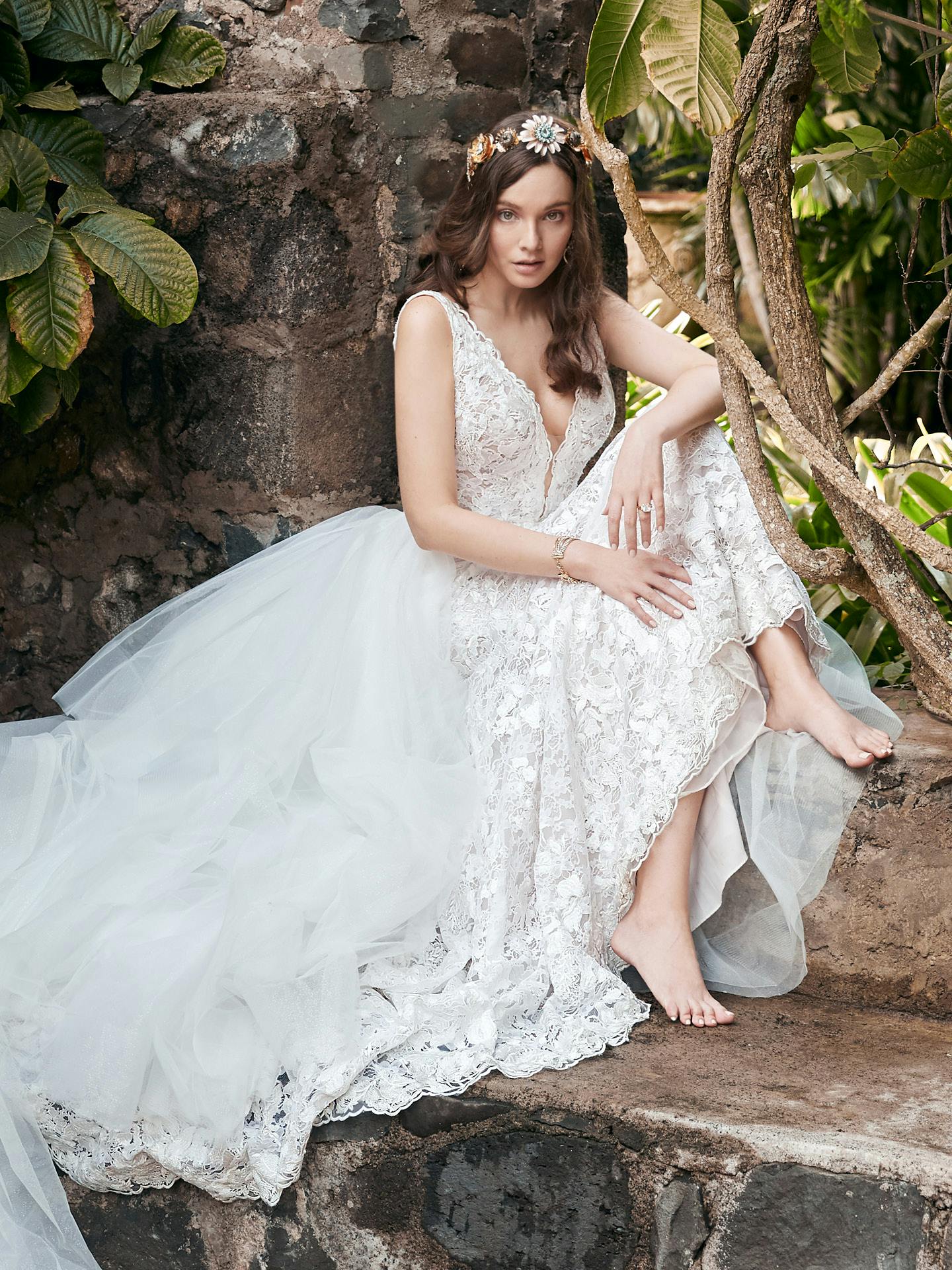Maggie Sottero Callan lace sheath wedding dress with detachable tulle skirt