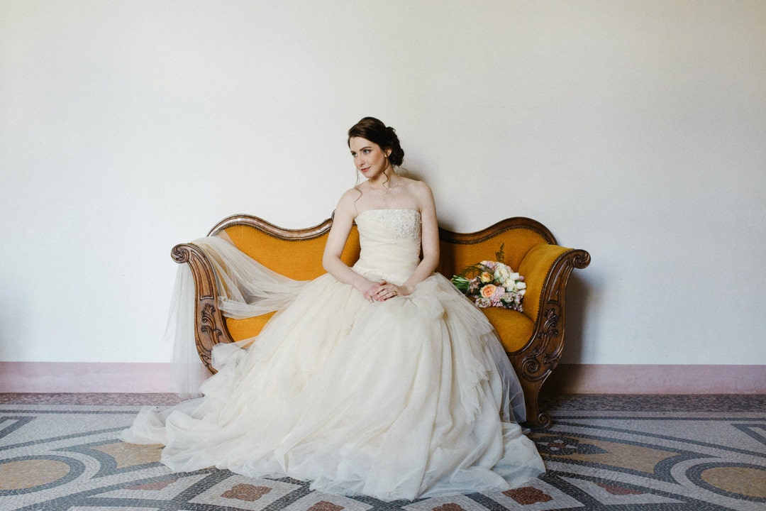 Champagne tulle and lace wedding dress