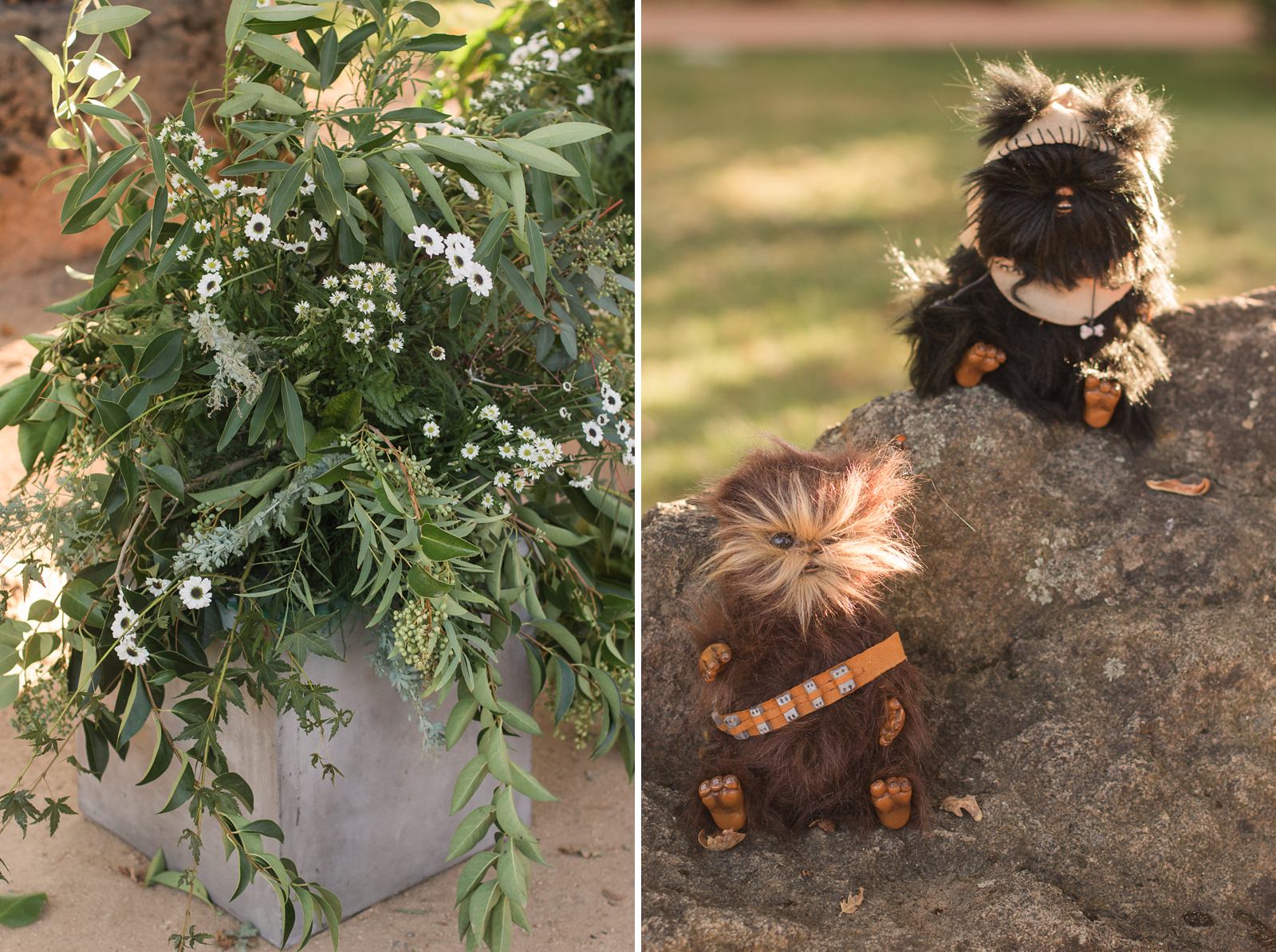 Furry ewok figures perched on a rock watching the wedding ceremony