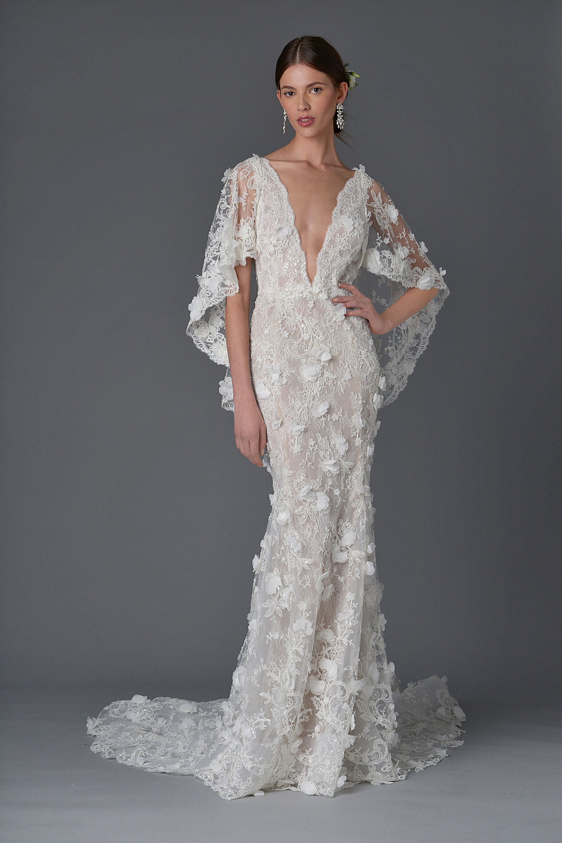 Marchesa Bridal embroidered lace wedding dress with cape