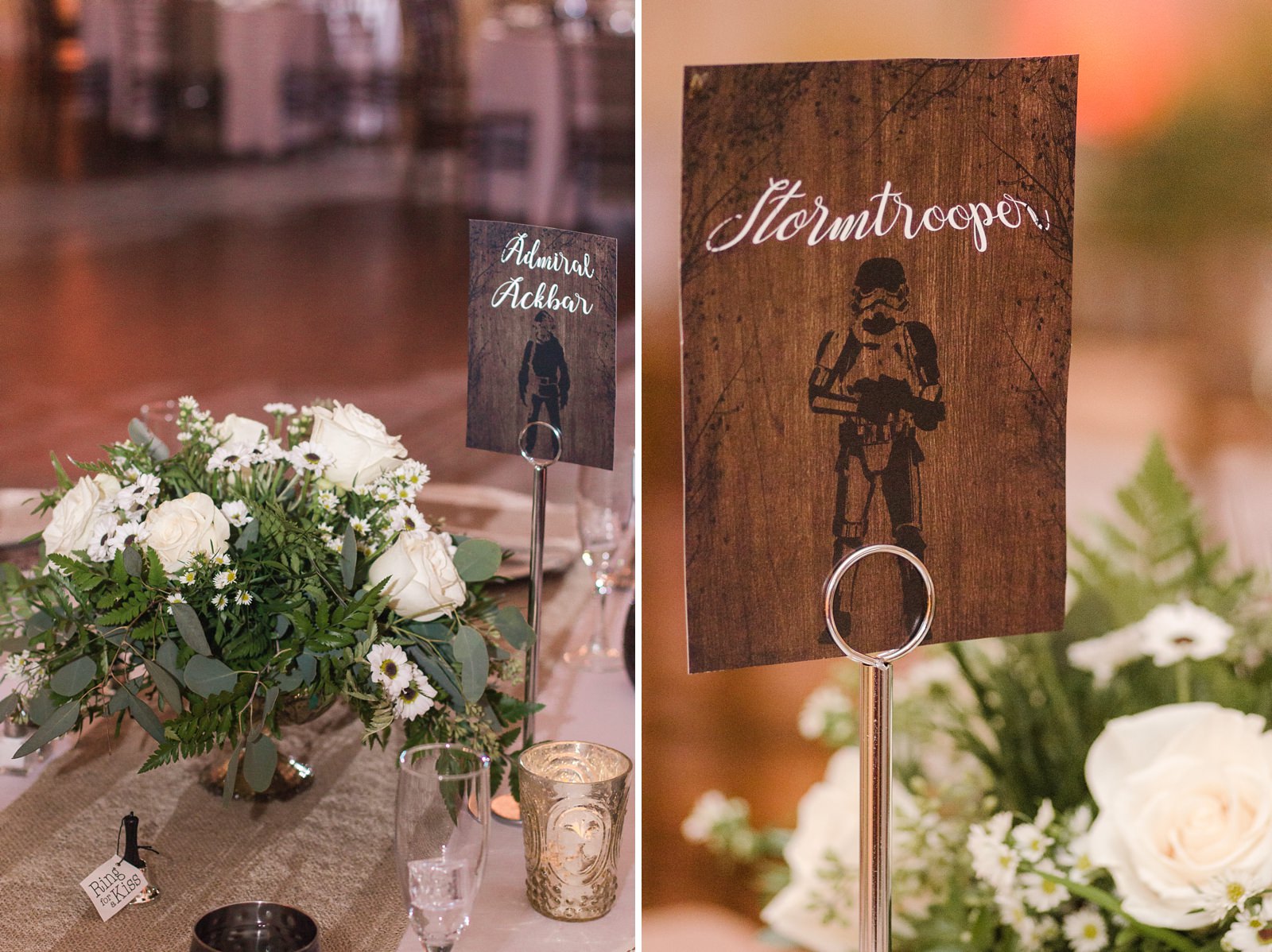Stormtrooper and Admiral Ackbar wooden table name cards at a Star Wars wedding