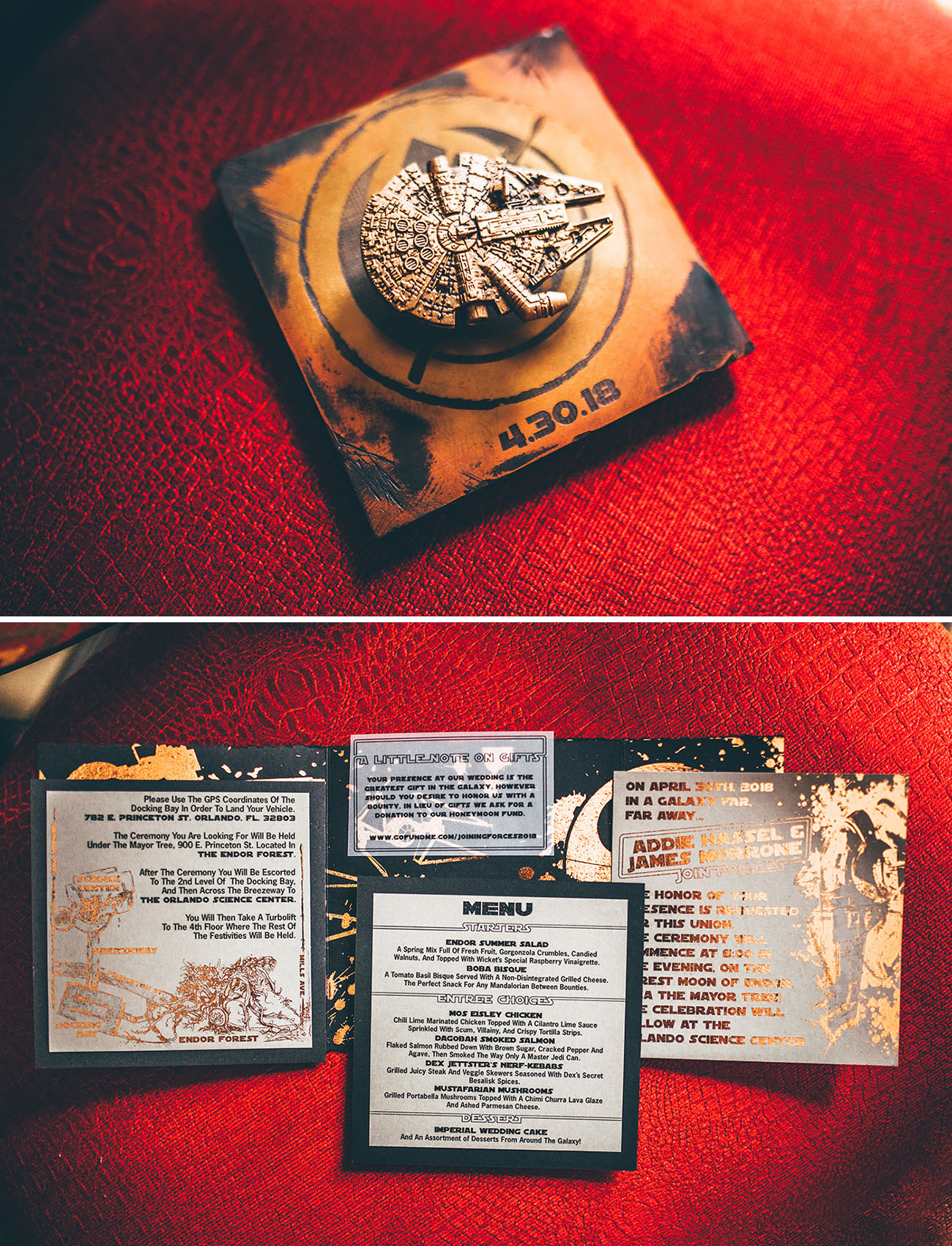 A real Star Wars wedding invitation suite with Millennium Falcon medallion and Imperial menu
